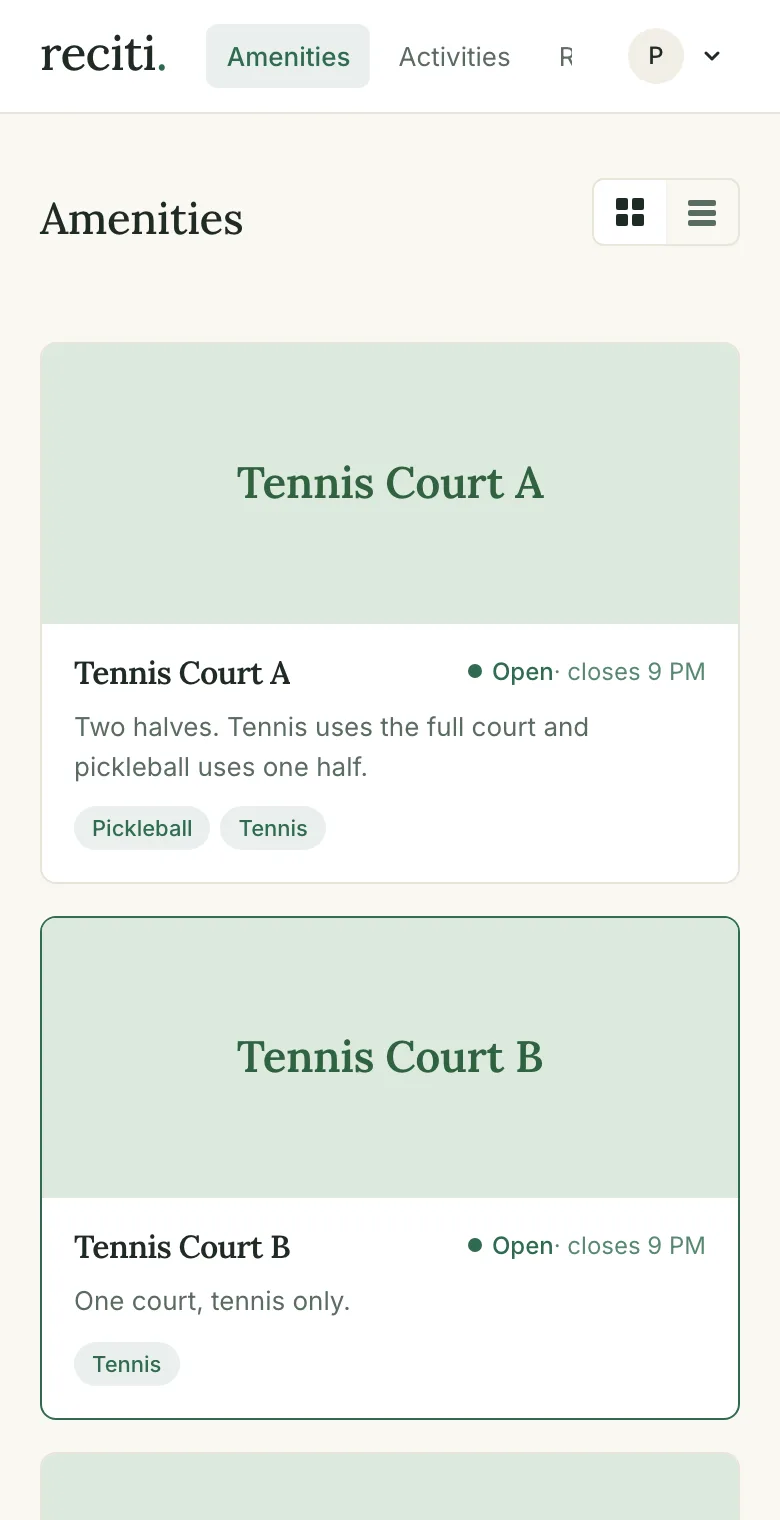 The amenities page, showing cards for two tennis courts with their open or closed status.