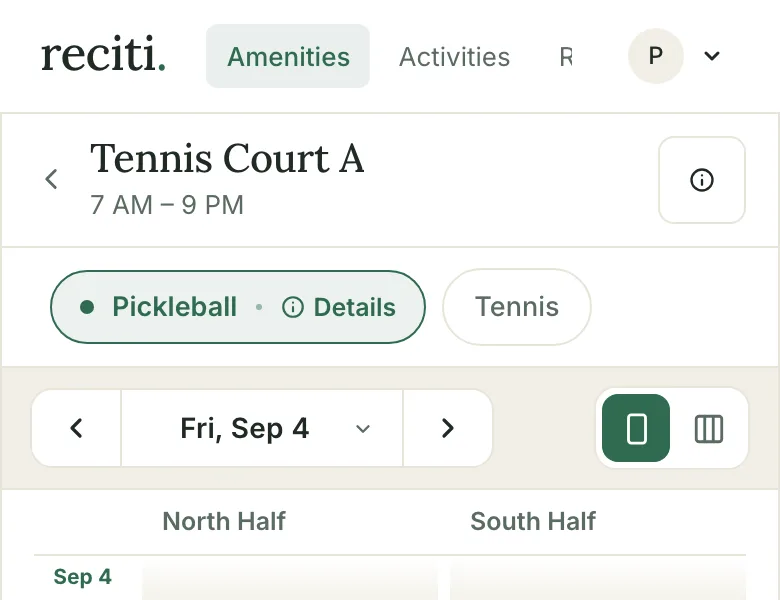 The top of an amenity calendar: the amenity name and hours, a row with Pickleball selected and Tennis beside it, and the date controls.