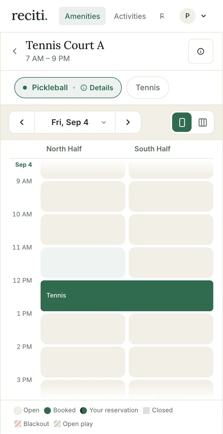 A day calendar for Tennis Court A with North Half and South Half columns. Most tiles are open and the noon hour is booked.