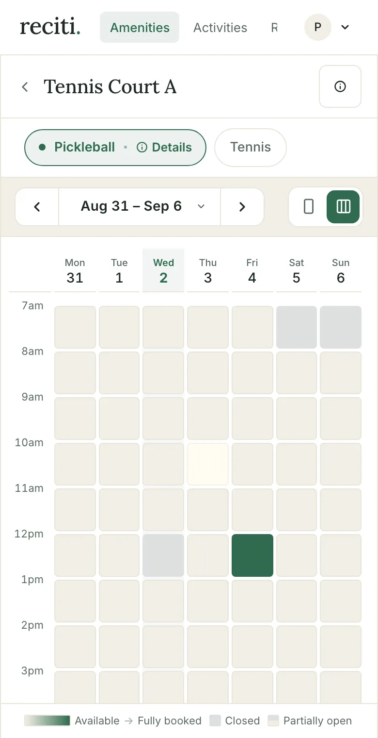 Week view for Tennis Court A, a grid of days and hours where busier hours are darker.