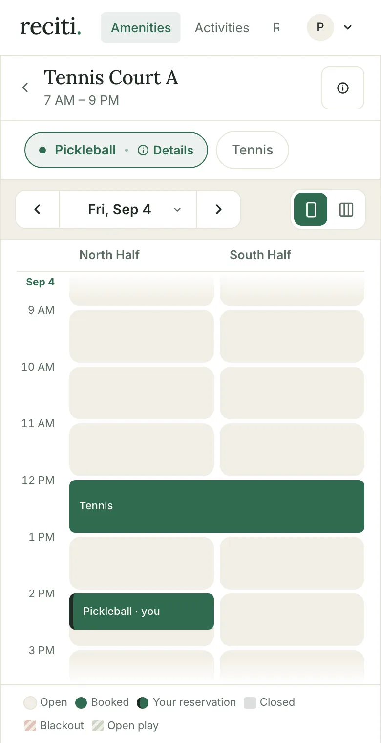 The day calendar with a new dark green block on North Half labeled Pickleball, you.