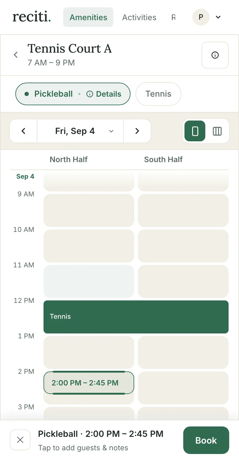 The day calendar with a 2:00 to 2:45 PM tile selected on North Half and a booking bar at the bottom of the screen reading Pickleball, 2:00 to 2:45 PM, with a Book button.