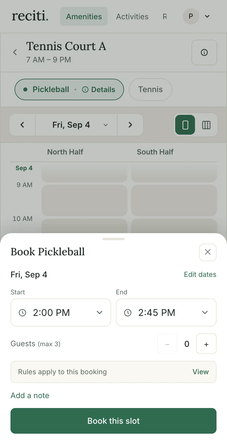 The booking details panel: start and end time pickers, a guests counter, a link to the rules, and a Book this slot button.