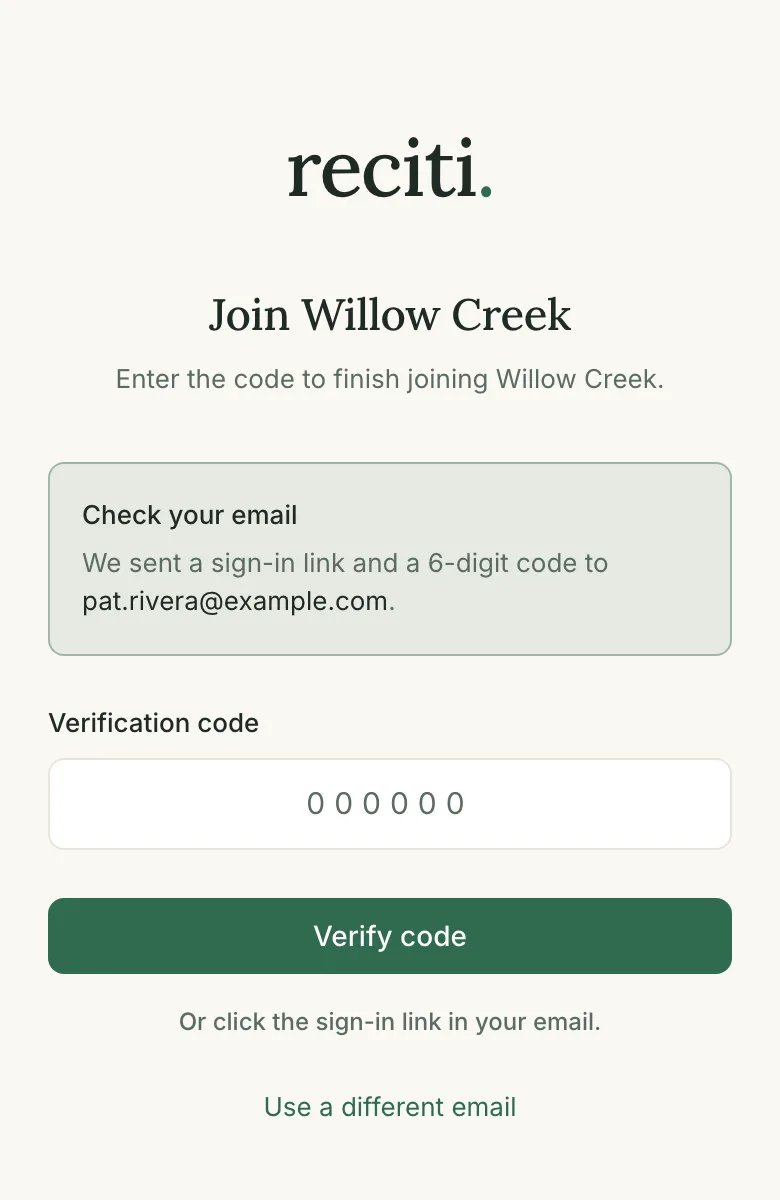 The join page after submitting an email, showing a notice that a sign-in link and code were sent, plus a box for the 6-digit code.