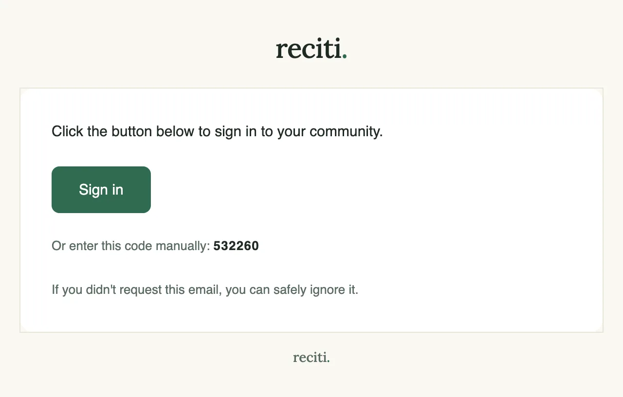 The Reciti sign-in email, with a Sign in button and a 6-digit code below it.