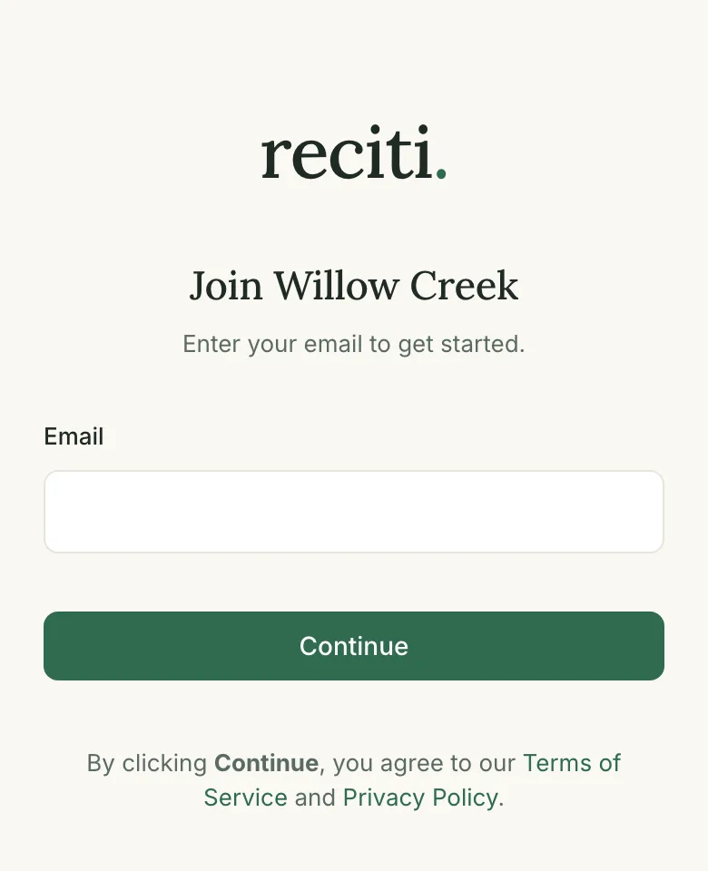 The Reciti join page for a community, with an email field and a Continue button.