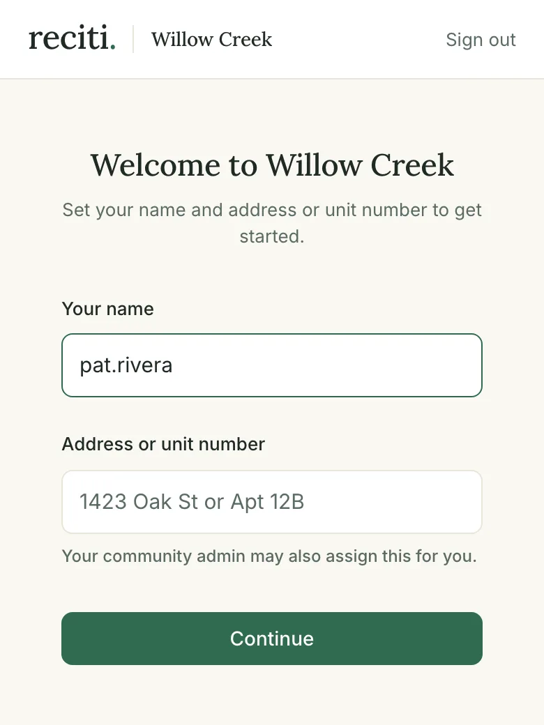 The profile page, with a name box prefilled from the email address and an empty address or unit number box.
