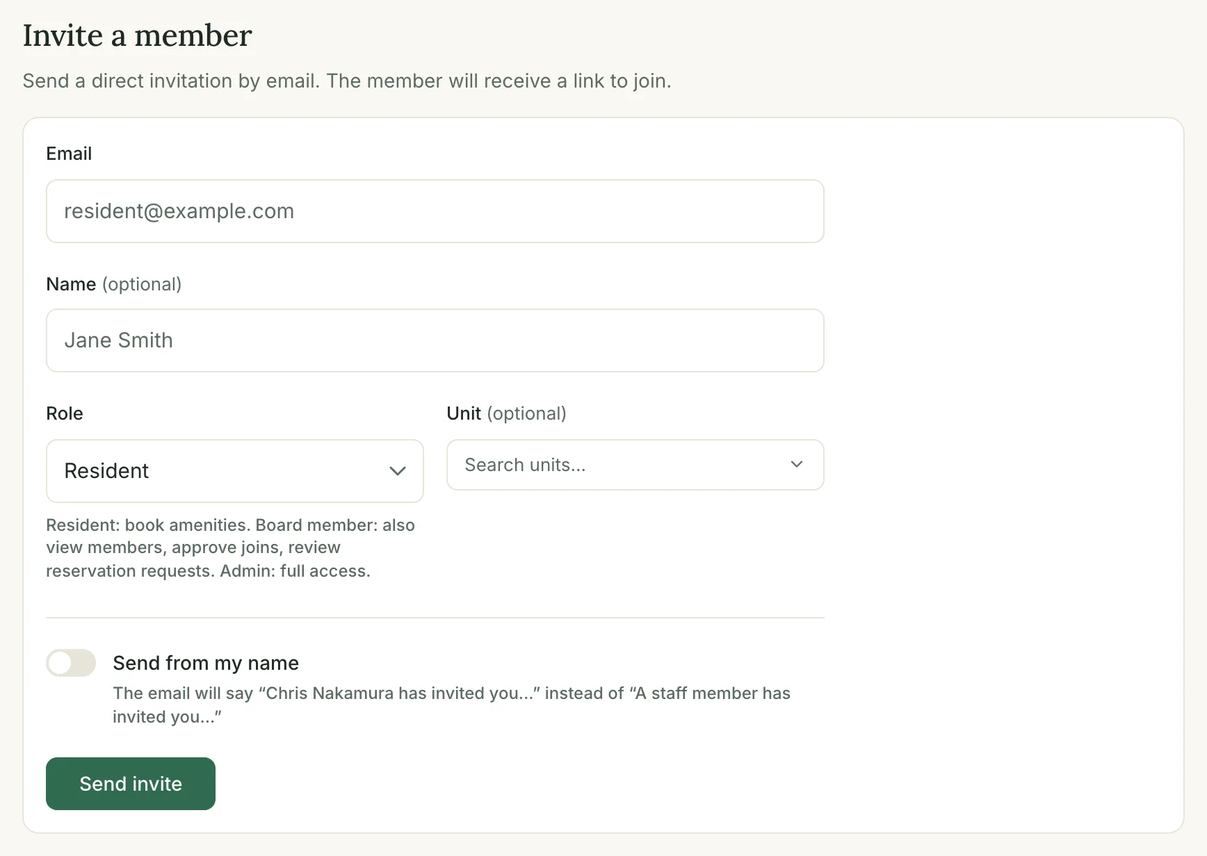 The Invite a member form with fields for email, name, unit, and role.