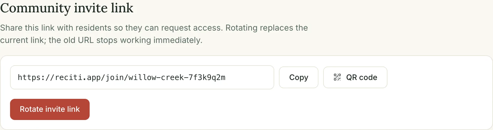 The invite page, showing the community's join link with copy and print buttons and a QR code.