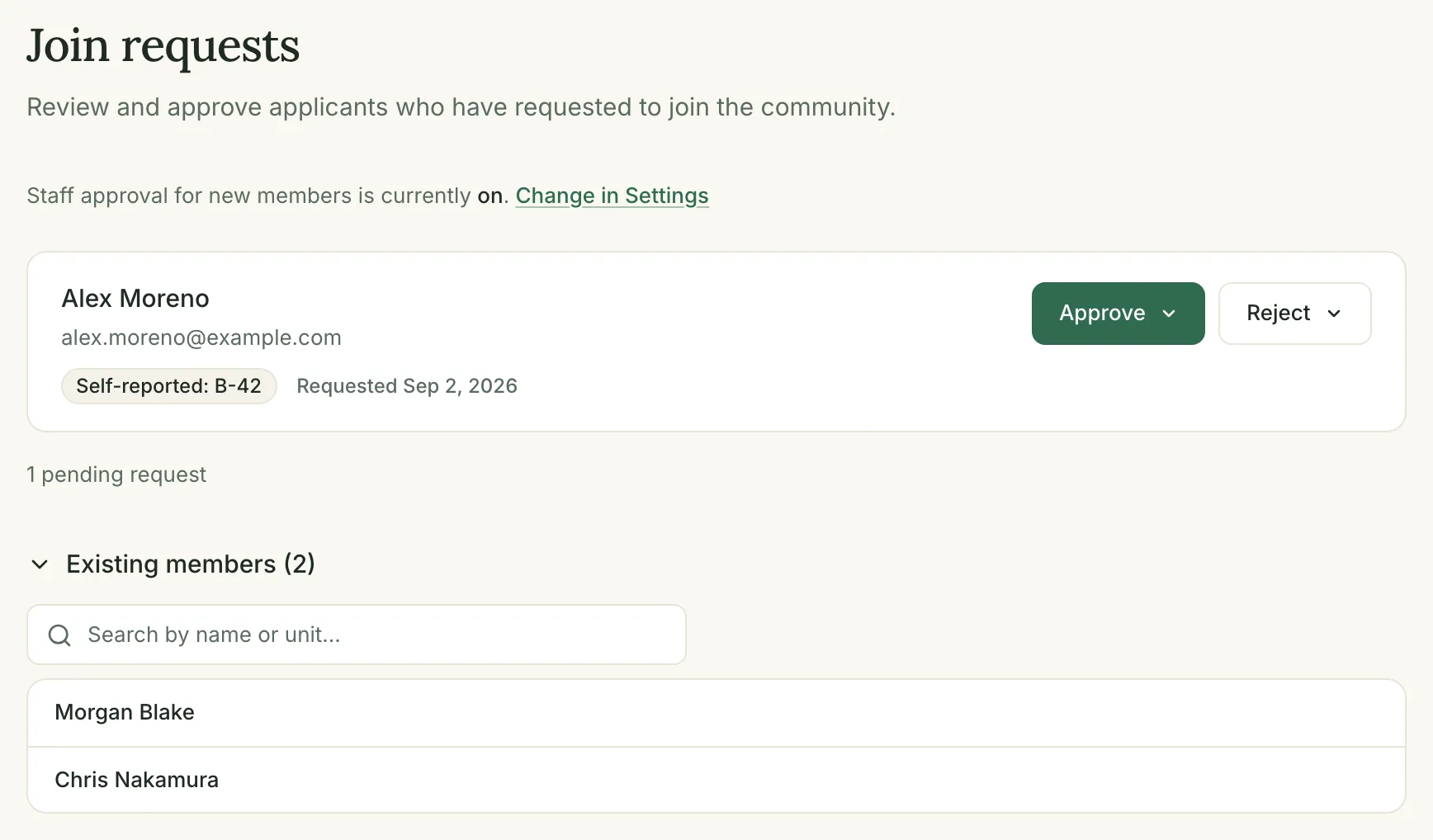 The Join Requests page with one pending resident and Approve and Reject buttons.
