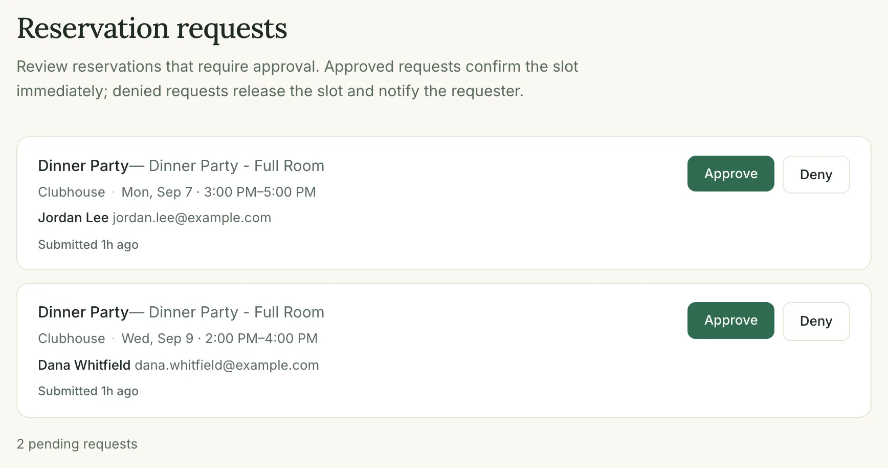 The Reservation Requests page listing pending requests with Approve and Deny buttons.