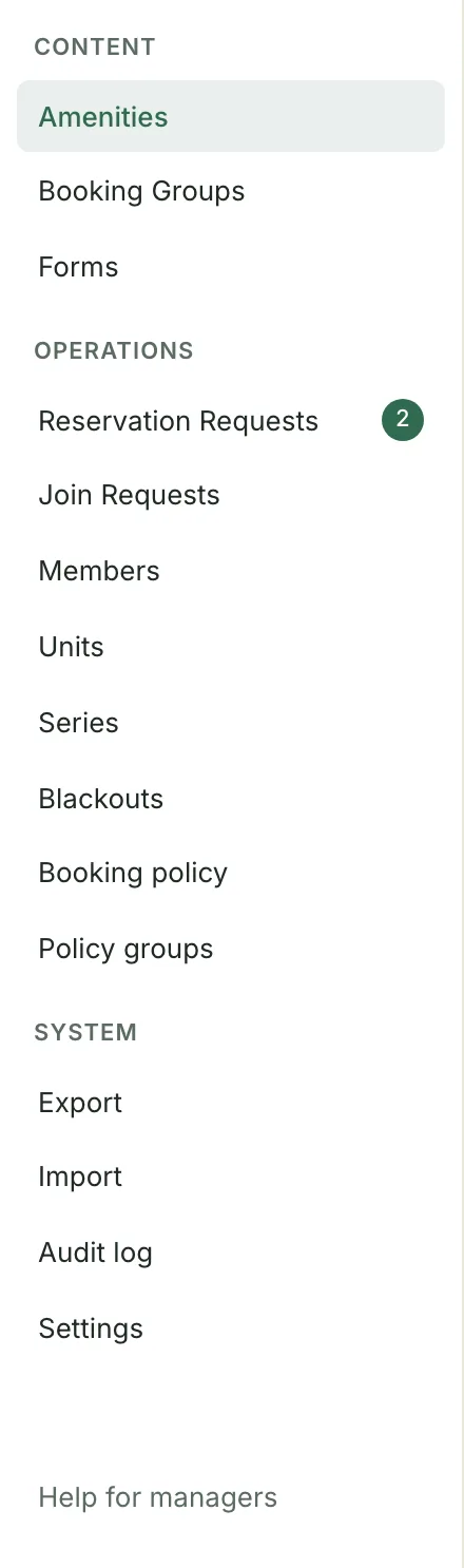 The admin sidebar, listing the Content, Operations, and System sections.
