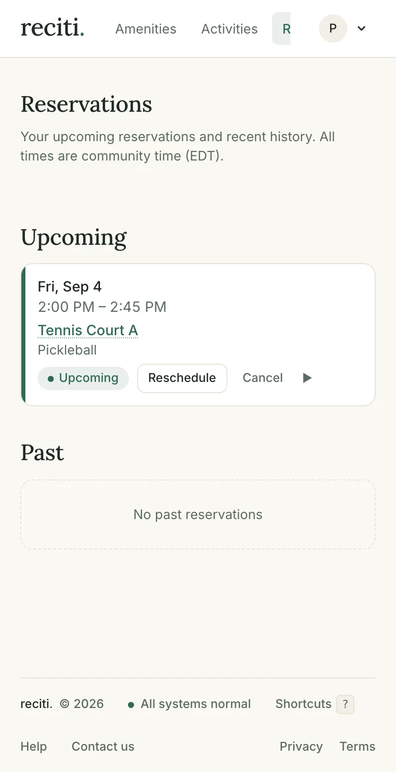 The Reservations page with one upcoming reservation card showing Reschedule and Cancel buttons.